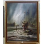 John Bamppick: a large gilt framed oil on canvas, depicting beached fishing vessels - signed
