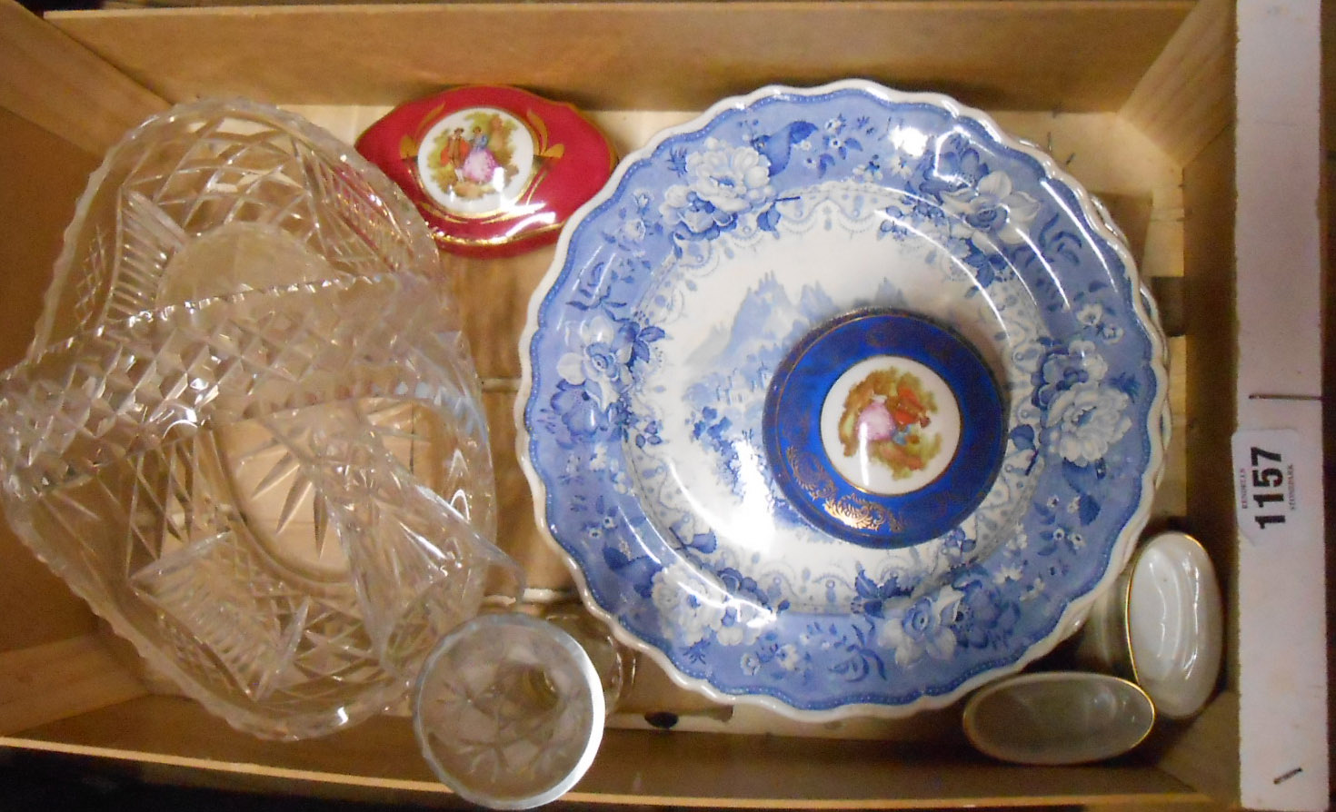 A box containing a quantity of ceramics and glass including Victorian blue and white Terni pattern