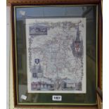 A framed reproduction map print of Worcestershire with cartouche border