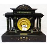 A late Victorian black slate and marble cased mantle clock of architectural design, with gilt dial