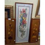 A framed embroidery panel, depicting a torchere full of flowers - sold with a pair of late Sorento