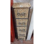 A modern narrow painted metal framed and basket weave rattan multi-drawer unit