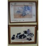 Two framed coloured prints, both depicting border collie dog groups, one signed in pencil and