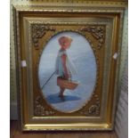 An ornate gilt framed varnished coloured print, depicting a young girl on a beach