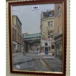 Michael Challenger: a framed watercolour, depicting a London street scene - signed and dated 1993