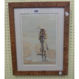 †E. Van Goethem: A framed coloured print, depicting a girl on a beach