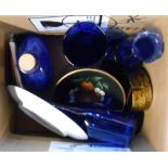 A box containing a small quantity of Bristol style blue glassware and a modern Russian lacquer box