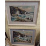 Ruth Pinder: a pair of framed watercolours, both depicting almost identical views of the