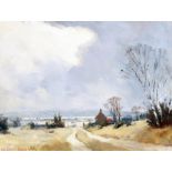 Marcus Ford: a painted framed oil on canvas, depicting a winter scene with rural track and figure