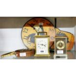 Two carriage style battery timepieces - sold with a cockerel decorated wall timepiece, etc.