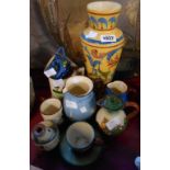 A selection of Torquay pottery items including Babbacombe Seagull jug, Watcombe cup and saucer,