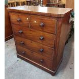 A 1.06m Victorian mahogany chest of two short and three long drawers, set on squat bun feet - a/f