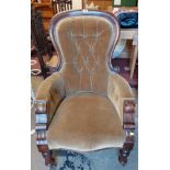 A Victorian mahogany part show frame spoonback drawing room chair with old gold upholstery, set on