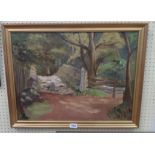 Morgan: a gilt framed oil on board, depicting a woodland view with bridge - signed