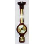 A modern stained wood cased small Weathermaster banjo barometer/thermometer with aneroid works