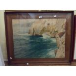 Karl Boehme: a large oak framed vintage coloured print, depicting a rocky coastal landscape -