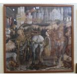 A large framed coloured print, depicting a Medieval scene with figures and horses before a castle