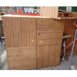 A square slatted pine shop display stage - sold with further smaller similar