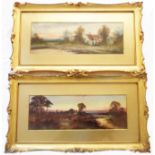 A. Ramus: a pair of swept gilt framed oils on card, one depicting a figure standing before a rural