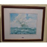 Mike Haywood: a framed signed coloured print, depicting a three masted sailing vessel - faded