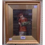 A small gilt framed and slipped watercolour portrait of a young girl holding a marrow - signed
