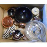 A box containing a quantity of Studio pottery including Jonathan Adler, Muchelney pottery, etc. -
