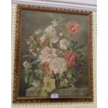 A gilt framed vintage coloured print, still life with vase of flowers