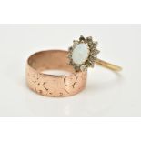 A 9CT GOLD OPAL CLUSTER RING AND A WIDE BAND, the cluster designed with a central oval cabochon opal