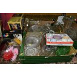 SEVEN BOXES OF ASSORTED GLASSWARE AND LOOSE, some boxed items, mostly pressed moulded mid 20th