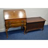 A REPRODUCTION WALNUT LADIES BUREAU, with two drawer on cabriole legs, (losses) together with an oak