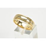 A MODERN 9CT TWO TONE GOLD WEDDING BAND, measuring approximately 6mm in width, hallmarked 9ct