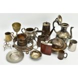 A COLLECTION OF SILVER PLATED AND METAL WARE ITEMS to include a chocolate pot, coffee pot, tankards,