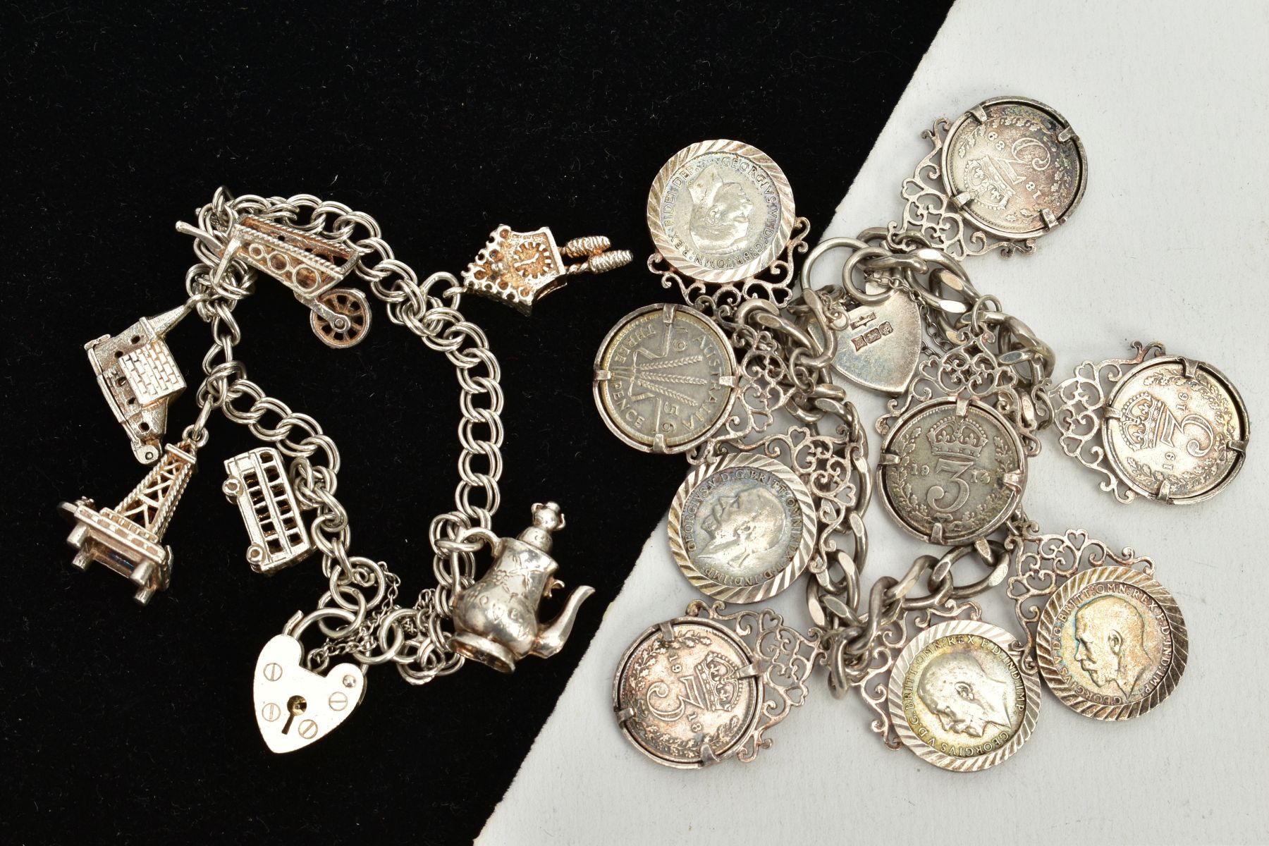 TWO SILVER CHARM BRACELETS, the first suspending nine three pence coins, all within a collet mount - Image 2 of 2