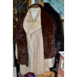 TWO LADIES FUR COATS AND A SQUIRREL FUR STOLE, the coats comprising a pale mink thigh length coat,