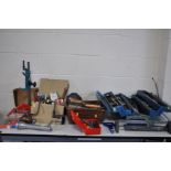 TWO TOOLBOXES AND TWO TRAYS CONTAINING A QUANTITY OF TOOLS, including a drill stand, spanners,