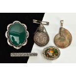 THREE BROOCHES, A PENDANT AND A MONEY CLIP, the first brooch designed with a large oval cabochon