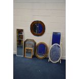 A QUANTITY OF VARIOUS MIRRORS, to include a circular carved oak bevelled edge wall mirror,