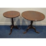 TWO GEORGIAN MAHOGANY CIRCULAR TILT TOP TRIPOD TABLES, largest table diameter 80cm x height 73cm