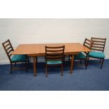 A MID TO LATE 20TH CENTURY TEAK RECTANGULAR TOP EXTENDING DINING TABLE, one additional fold out