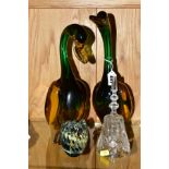 TWO MURANO GLASS DUCKS, one extending neck, height 33.5cm, the other with head bowed, height 30.5cm,