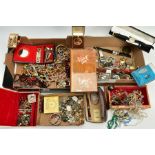 TWO BOXES OF MOSTLY COSTUME JEWELLERY, to include various pieces of costume jewellery such as beaded