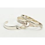 THREE SILVER BANGLES, the first a twist cuff hallmarked London, together with a silver hinged bangle