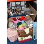 TWO BOXES OF NEEDLEWORK EQUIPMENT, KNITTING PATTERNS, ARTIST'S PAPER, two clip frames, a card mount,