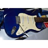 A ARIA STG SERIES ELECTRIC GUITAR, Stratocaster style with tremolo translucent blue finish, aged