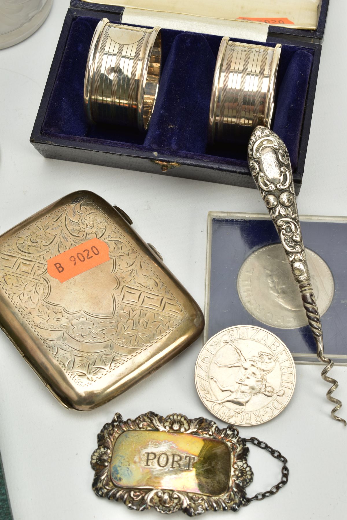 A BOX OF SILVER ITEMS, to include a cased set of two, engine turn designed napkin rings with - Image 2 of 5