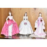 TWO ROYAL WORCESTER COMPTON & WOODHOUSE LADY FIGURES AND ANOTHER SIMILAR COALPORT FIGURE, comprising