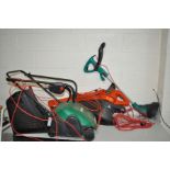 A BOSCH ART 25GSAV STRIMMER, a Flymo garden vac 1800 turbo and a Qualcast Elan 32 lawn mower