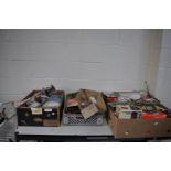 FOUR TRAYS OF VINTAGE CAR PARTS including clutch thrust bearings, water pump, brake pipes,