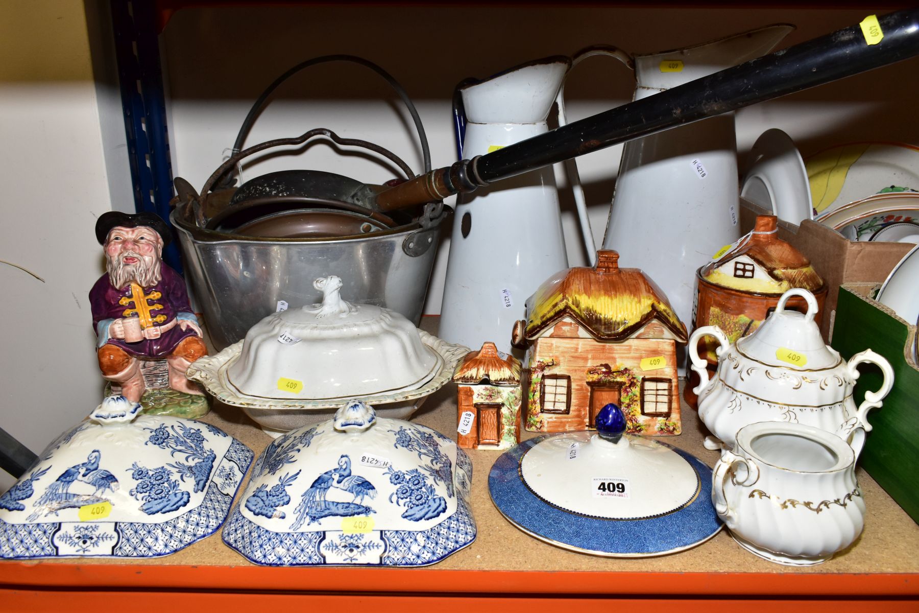 A GROUP OF CERAMICS AND METALWARES, including tall enamelled jugs, a Victorian copper warming pan,