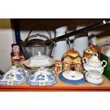 A GROUP OF CERAMICS AND METALWARES, including tall enamelled jugs, a Victorian copper warming pan,